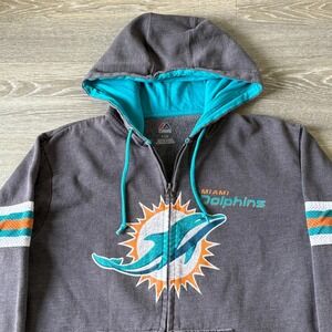 Majestic Miami Dolphins Hoodie Gray Full Zip Stripes Mens Large Football‎ NFL